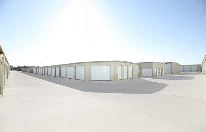 Drive-up storage facility with a variety of sized units.