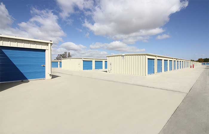 Drive-up storage facility with wide aisles for easy access.