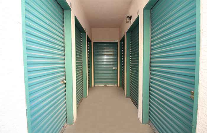 Small covered walk-up storage units.