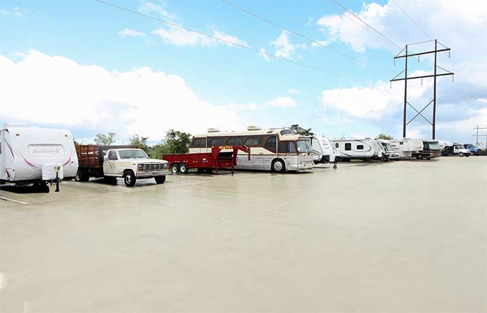 Uncovered storage parking spaces for RV, boat, trailer, and more.