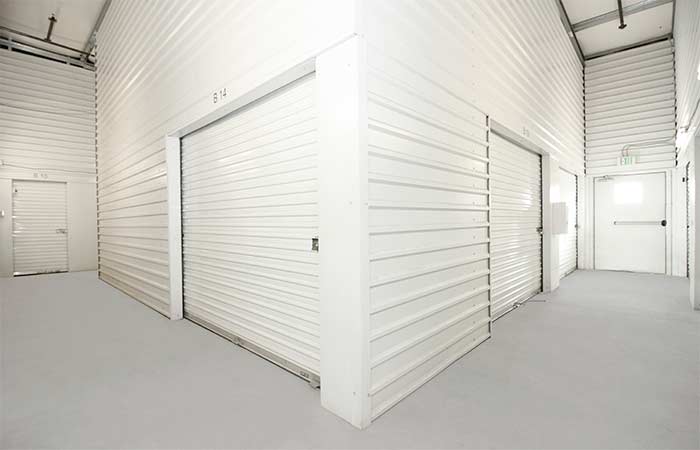 Climate controlled storage units with easy access and roll-up doors.