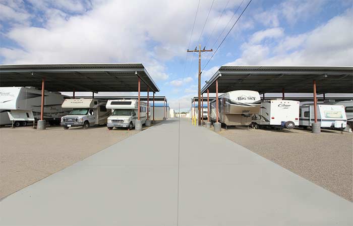 Covered storage parking spaces for RVs, boats, trailers, and more.
