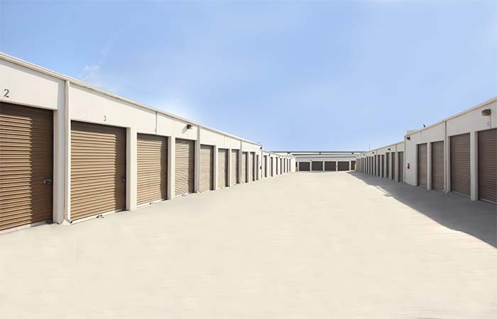 Wide aisles for easy access to drive-up storage units.