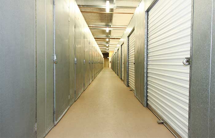 Indoor storage unit aisle.