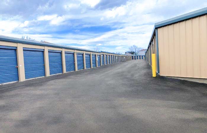 Large row of drive-up storage units