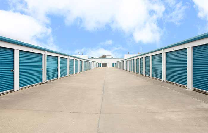 Drive-up storage units located in wide aisles for easy access.