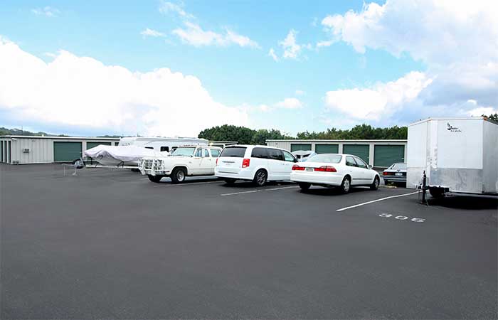 Uncovered storage parking spaces for autos, boats, trailers, and more.