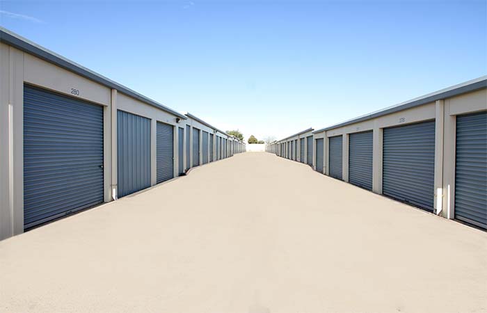 Drive-up storage units in wide aisles for easy access.