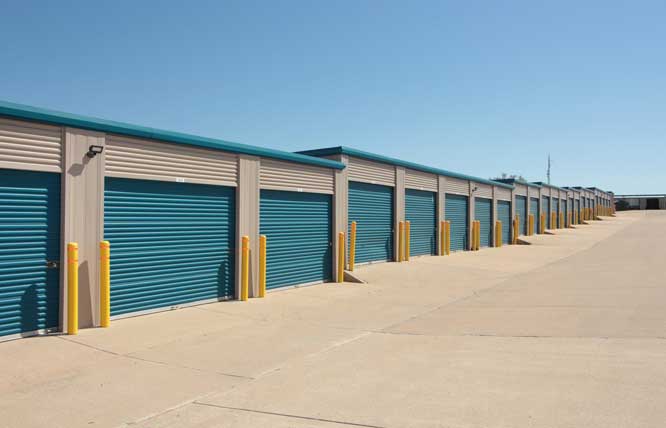 Drive-up storage units in wide aisles for easy access.