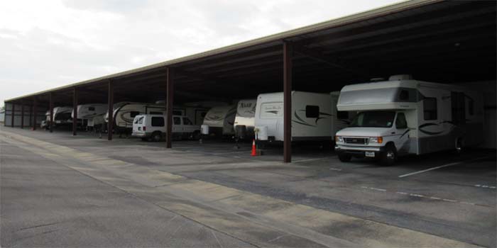 Covered storage parking for RVs, trailers, boats, and more.