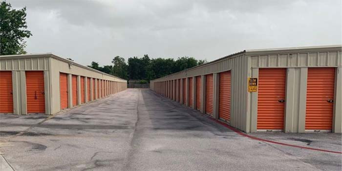 Drive-up storage units located in wide aisles for easy access.