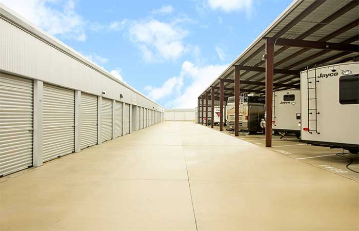 Covered storage parking spaces for RVs, trailers, boats, and more.